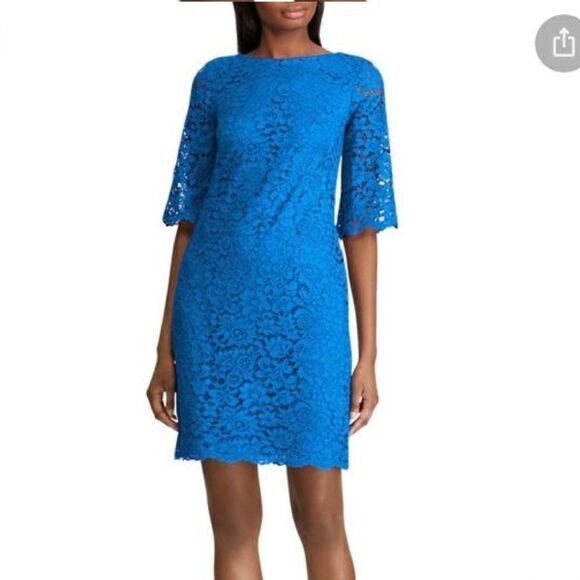 Ralph Lauren Blue Sheath Dress 3/4 Sleeve Crew Neck - Picture 1 of 11